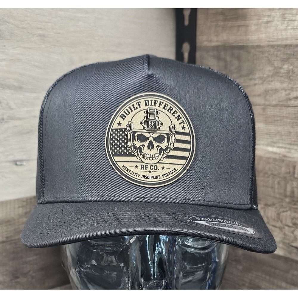 RF CO Built Different Leather Patch Hat Skull American Flag Snapback Cap